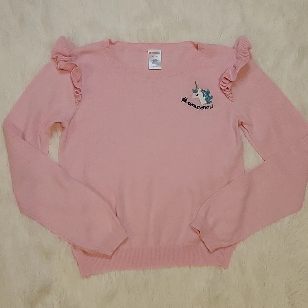 Gymboree Pink Unicorn Ruffle Sweater and Blue Sequin Corduroy Pants Size 7-8